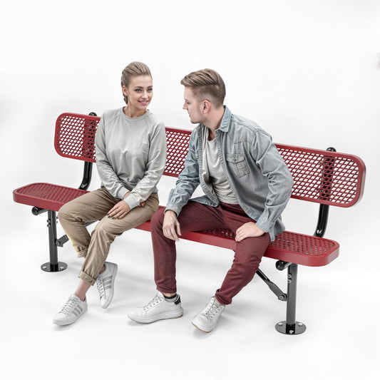 Heavy-Duty Outdoor Metal Bench, Thermoplastic-Coated, Surface, Weatherproof, Commercial-Grade for Parks, Gardens, Patios, Stores & More (6 Ft - Surface with Back, Red)