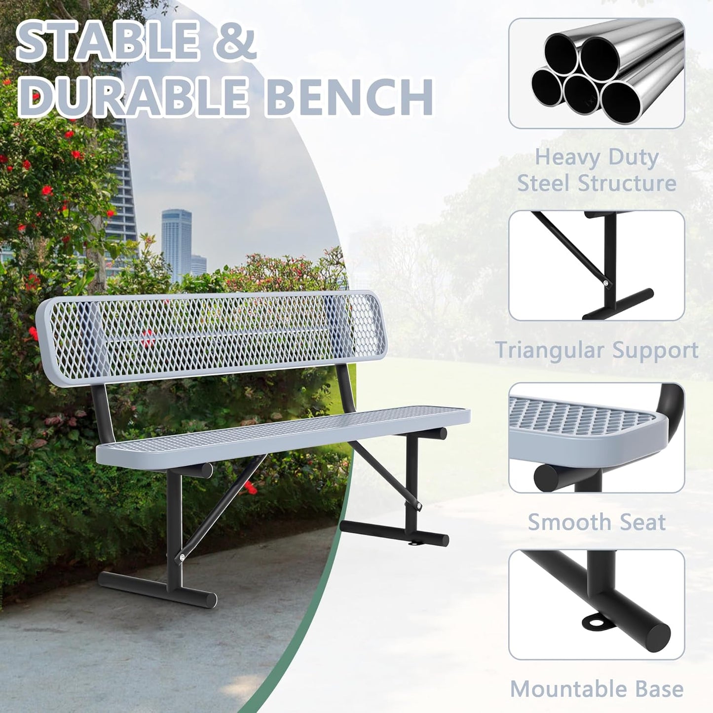 6FT Benches for Outside, Heavy-Duty Outdoor Garden Bench W/Back, Metal Park Bench for Sitting Area, Commercial Bench for Patio Porch Backyard School Sports Church Locker Room Shopping Centers