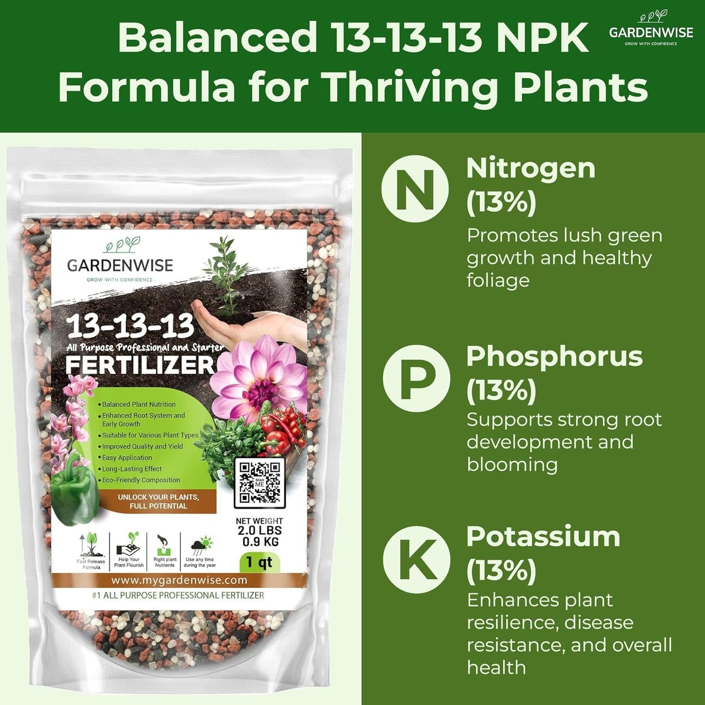 13-13-13 Slow Release Granular Fertilizer – All Purpose Plant Food 13 13 13 for Outdoor Grass, Vegetables, Roses, Flowers, Shrubs, Trees. Lawns, Gardens, Potted Plants (5 quarts)