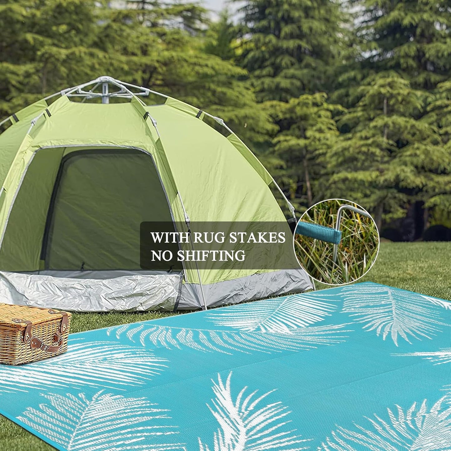 Pauwer Waterproof Outdoor Rug 10x14, Reversible Plastic Straw Patio Camping Rug, Indoor Outdoor RV Mat Carpet for Deck, Camper, Porch, Balcony, Backyard, Picnic, Leaf Teal