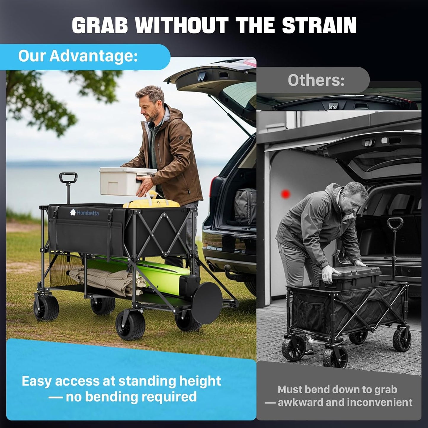 400L Double Decker Folding Wagon Cart, Heavy Duty 560LBS Capacity Utility Cart with Brake, Collapsible Wagon with All-Terrain Big Wheels for Beach, Camping, Picnic, and Outdoor Use – Black