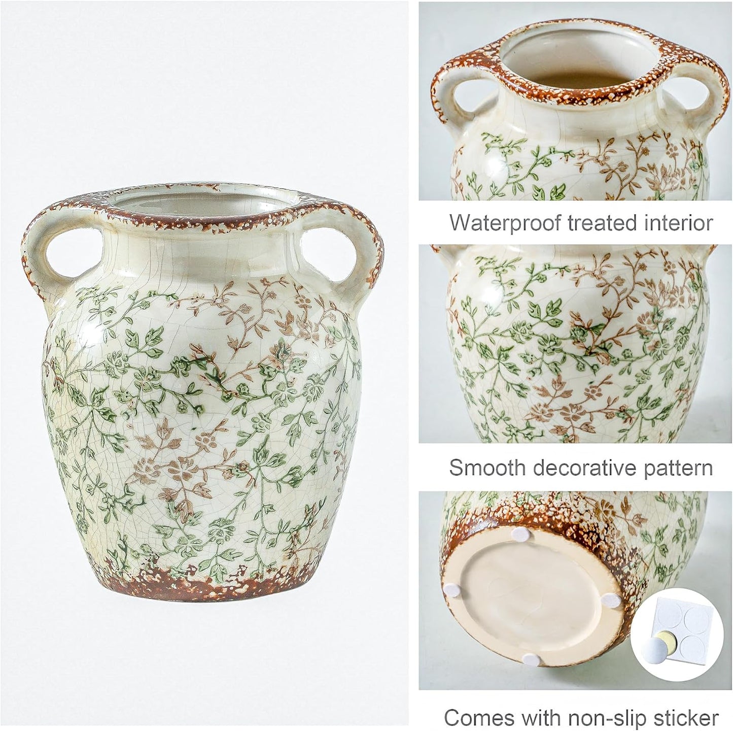 Enra Vintage vase,7.8 Inch Green and Beige Ceramic Decorative Flower vase, Chinoiserie Floral Vase,Large Rustic Vases for Home Decors, Living Room, Bookshelf, Office