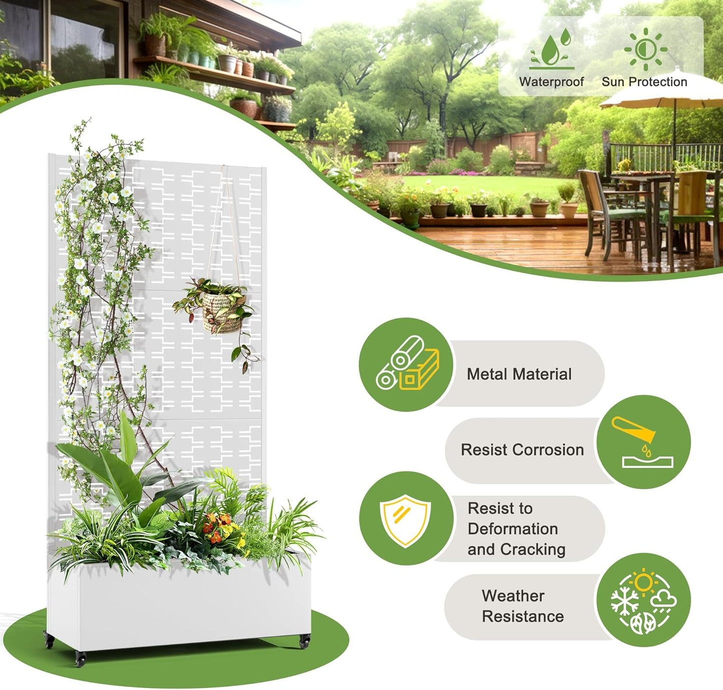 FENCY Metal Raised Garden Bed with Wheels and Trellis,73"x35"x16" Planter Box for Climbing Plants, Vegetables & Vines, Features Privacy Screen and Drainage Holes (White-Brick)