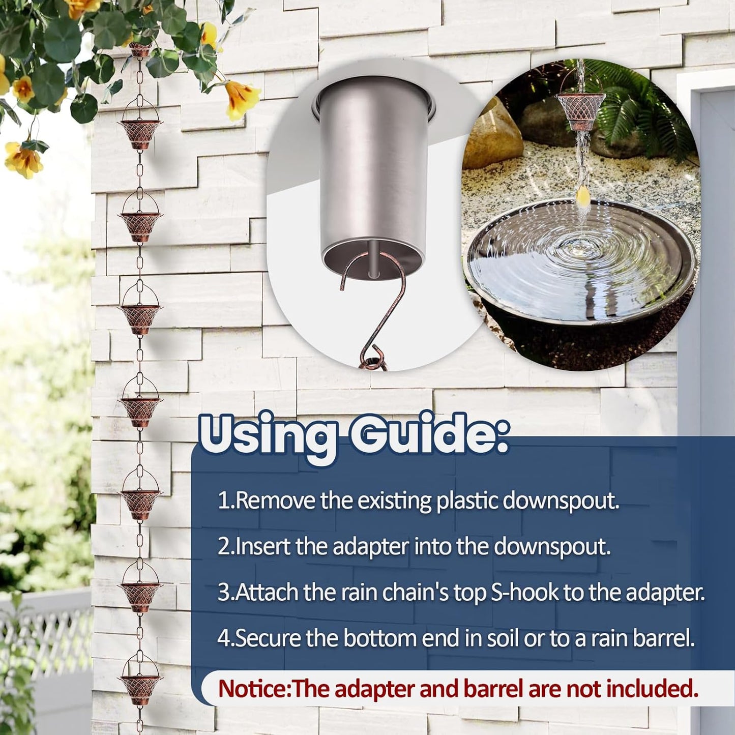 Rain Chains for Gutters, 8.5FT Durable Copper Rain Catcher Chain with 12 Cups, Decorative Replacement Downspout Rain Chain for Eaves Drainage