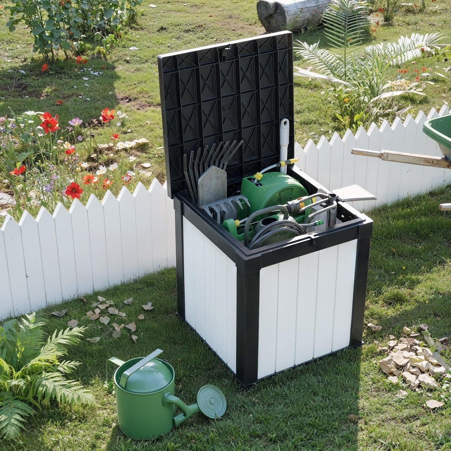 50 Gallon Outdoor Deck Box,Storage Lockable Waterproof Patio Furniture,Garden Tools,Cushions,Pool Accessories Outside Storage Resin Box(Black&White)