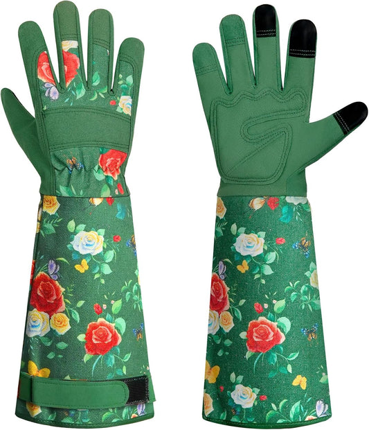 DLY Gardening Gloves,Leather Rose Gloves,Women's Long Glove for Gardening Work and Yard Work,Durable and Comfortable(Large, Green