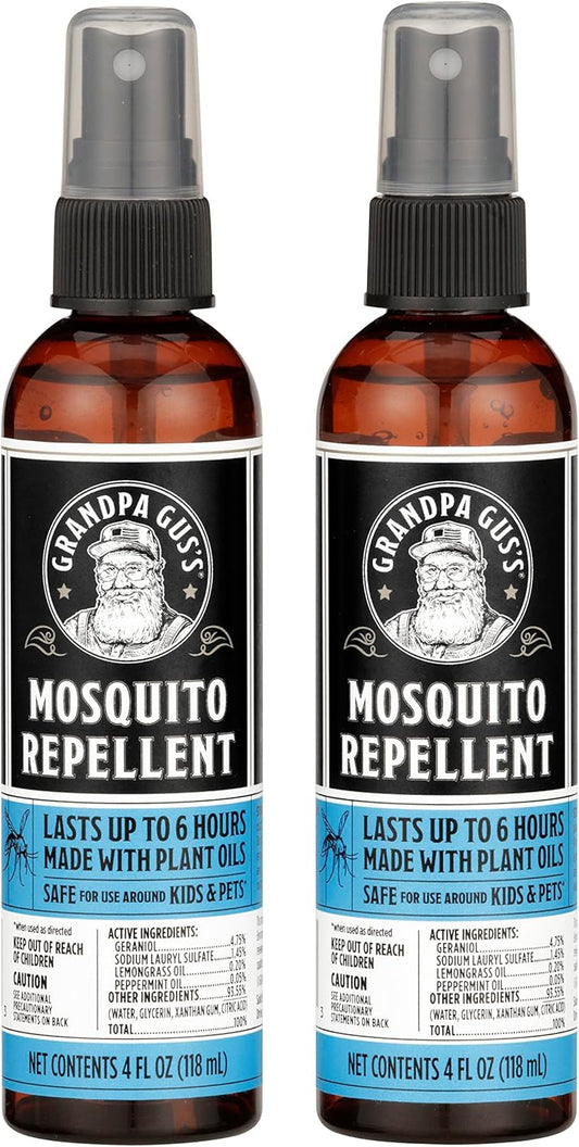 Grandpa Gus's Natural Mosquito Repellent Spray, Time-Release Plant-Based Actives, Non-Greasy, No Stains, DEET-Free, 4 oz (Pack of 2)