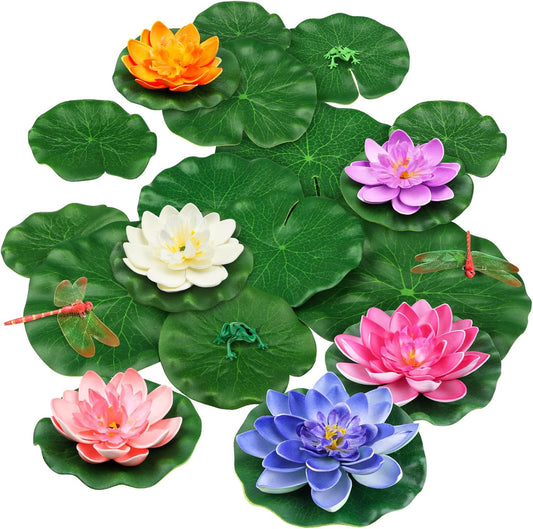 22 Pack Artificial Floating Foam Lotus Flowers with Artificial Frog Lotus Leaves, Lily Pads for Lake, Pond Plants Ornaments for Pool Water Decoration, Colorful