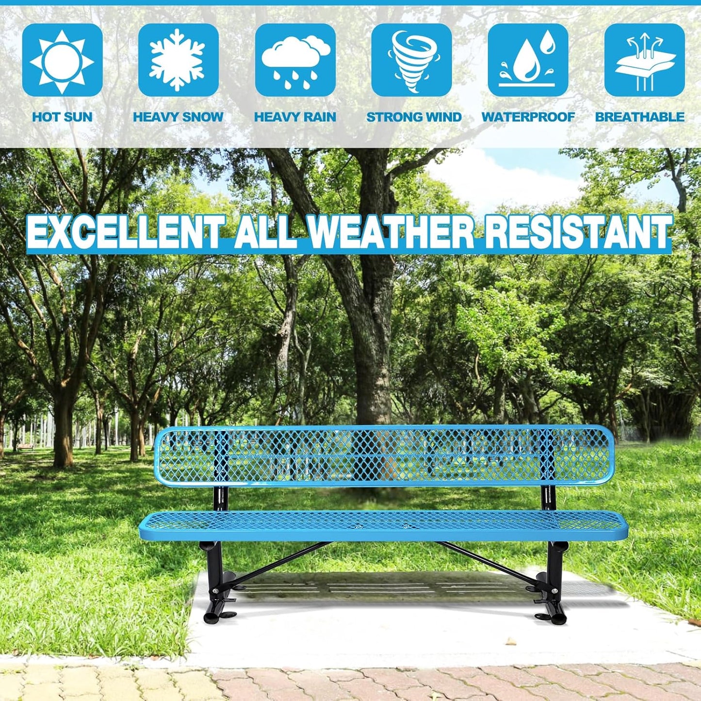 8Ft Outdoor Bench with Back Portable Frame, Outdoor Steel Park Bench with Backrest, Expanded Metal Mesh Bench for Outside, Lawn, Backyard, Park, Garden, Patio, Porch, Blue