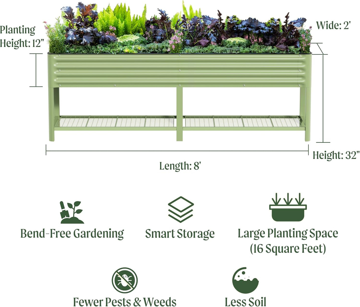 Elevated Raised Garden Bed-V Series, 2' x 8' Garden Beds with Legs & Storage Rack for Patio Porch, 1400 Lbs Weight Capacity, Outdoor Planter Boxes for Gardening Herbs Vegetables Flowers, Olive Green