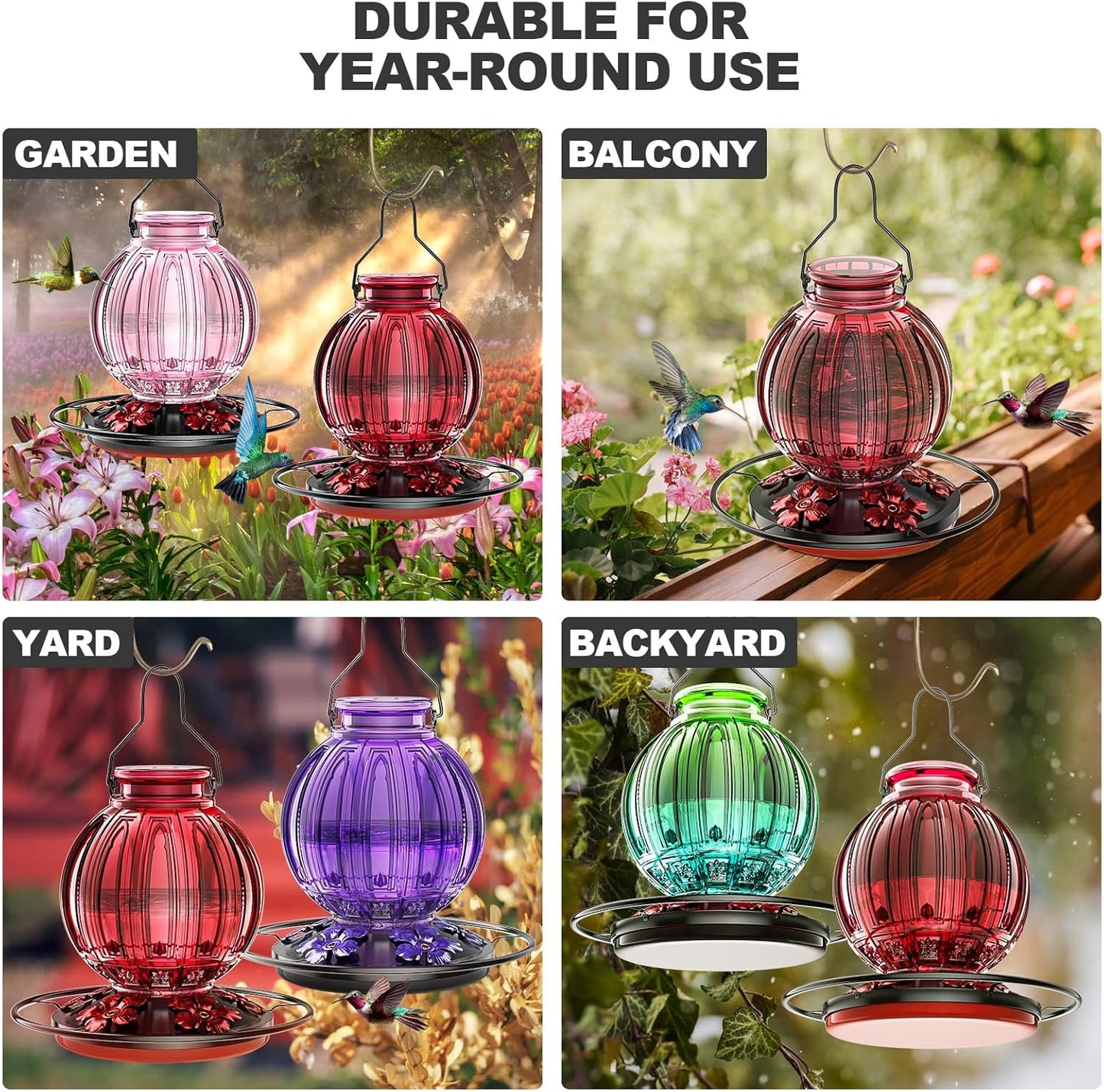 2 Pack Glass Hummingbird Feeder for Outdoors Hanging, Bird Nectar Feeder with Perch & 5 Flower Feeding Ports, 26 Oz Leak Proof for Outside Garden Decor Backyard, Gifts for Women Mom, Red & Green Blue