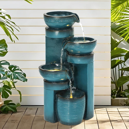 Autodaya 19.3" H Pedestal Outdoor Water Fountain with LED Lights and Pump, 4-Tier Cascading Water Feature, Tranuil Waterfall for Relaxing Garden, Patio, Yard, or Porch, Turquoise, Faux Ceramic Finish