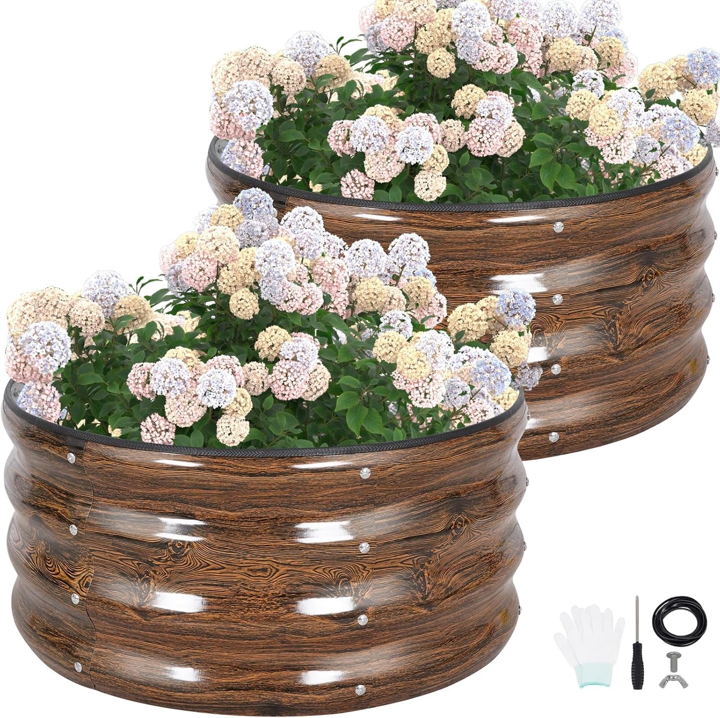 G GOOD GAIN Round Raised Garden Bed - 2Pcs 2x2x1ft Galvanized Steel Planter Boxes Outdoor with Rubber Edge Trim | Metal Raised Beds for Gardening Vegetables Flowers Fruits Herbs (Wood Grain)