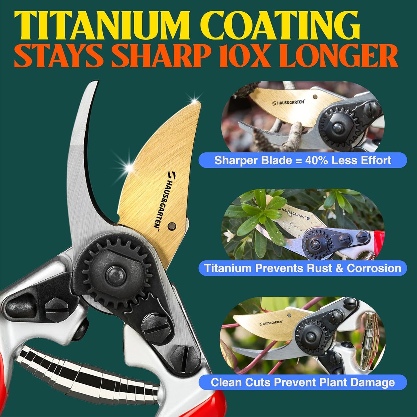 Haus & Garten PrecisionPRO 8" Titanium Pruning Shears - Heavy Duty Professional Bypass Pruner - Use As Rose Clippers, Premium Gardening Secateurs, Garden Scissors, Handheld Yard, Tree, & Plant Tool