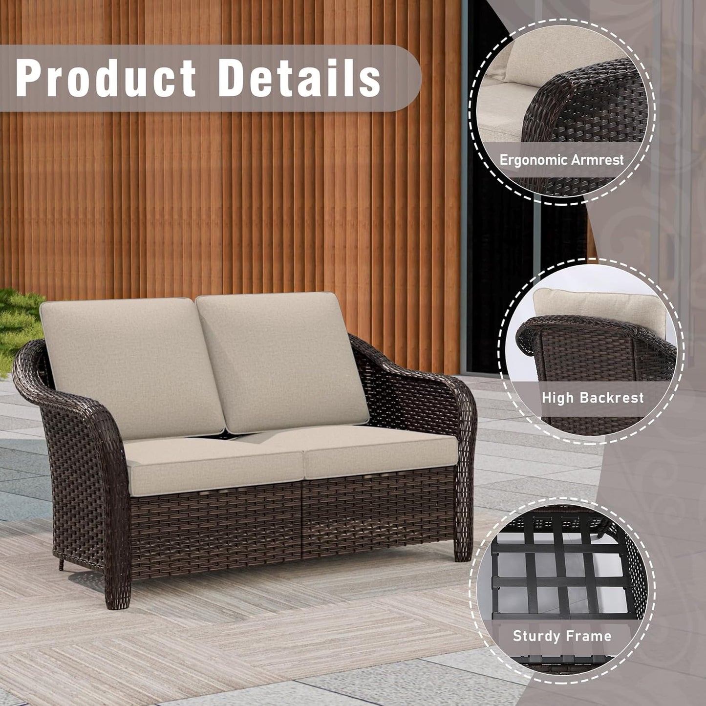 3 Piece Patio Wicker Conversation Set, All-Weather Use Outdoor Wicker Loveseat with 2 PE Rattan Chair, Ideal for Porch, Backyard, Balcony, Poolside, Beige