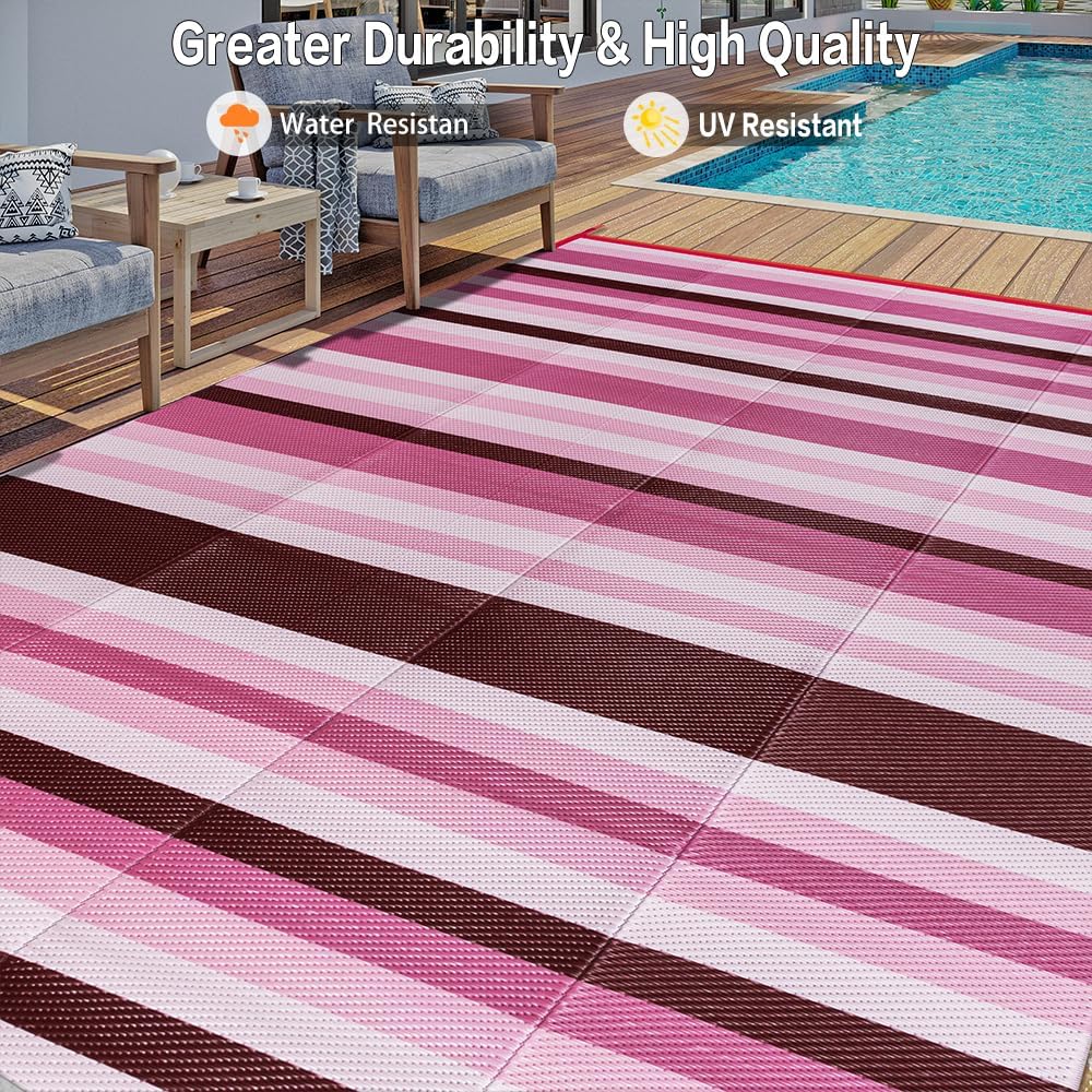 Outdoor Waterproof Rug 8'x10' Plastic Straw Rugs Washable Reversible Floor Mat Pink Stripe Carpet for Camping RV Deck Entryance Porch Picnic Balcony Beach Backyard