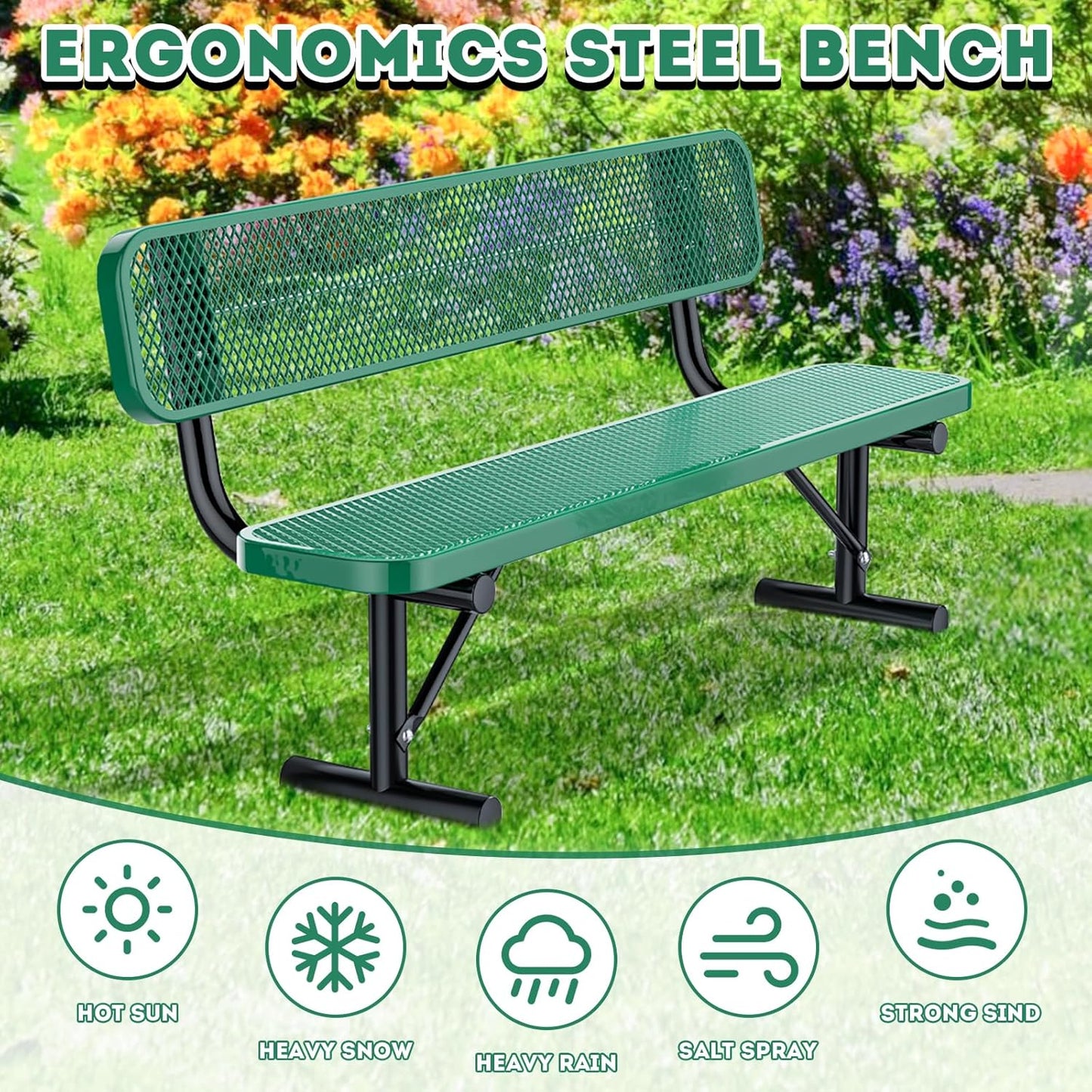 6Ft Heavy Duty Park Bench with Back Portable Frame, Outdoor Steel Bench with Backrest, Expanded Metal Mesh Bench for Lawn, Park, Deck, Garden, Patio, Porch, Green
