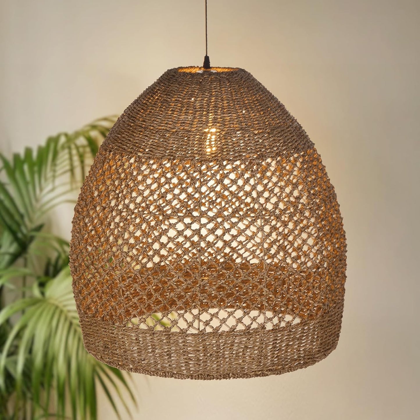 Arturesthome 19.6" Retro Rattan Woven Pendant Light Fixture, Chandelier with Lamp Shade Light Cover, Hanging Lighting for Kitchen Dining Room Foyer