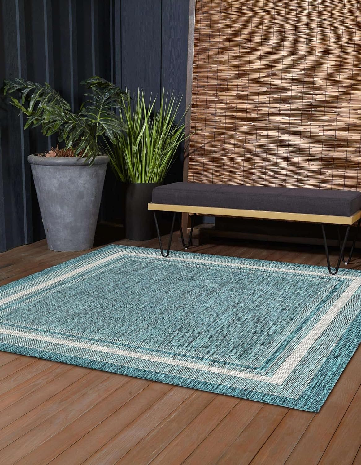 Unique Loom Outdoor Border Collection Area Rug - Soft Border (5' 1" Square, Teal/ Ivory)