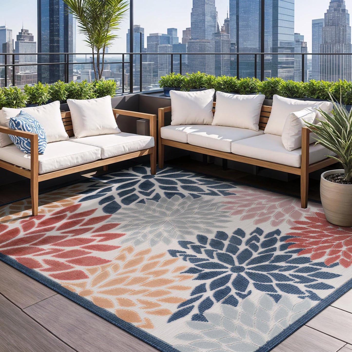 Beverly Rug Outdoor Rug 6x9 Modern Floral Tropical Area Rugs for Indoor and Outdoor Patio Easy to Clean Non Shedding Living Room Porch Garden Washable Outside Carpet (6 x 9 Multicolor)