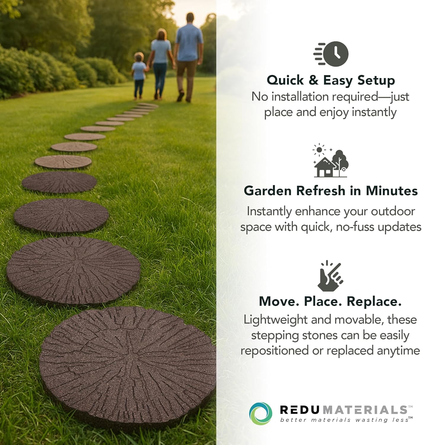 Garden Central 4-Pack 18”x18” Fake Cracked Log Rubber Stepping Stones, Round, Brown – Reversible Non-Slip Outdoor Faux Decorative Set for Landscaping – DIY Decor for Walkways & Yard Pathways