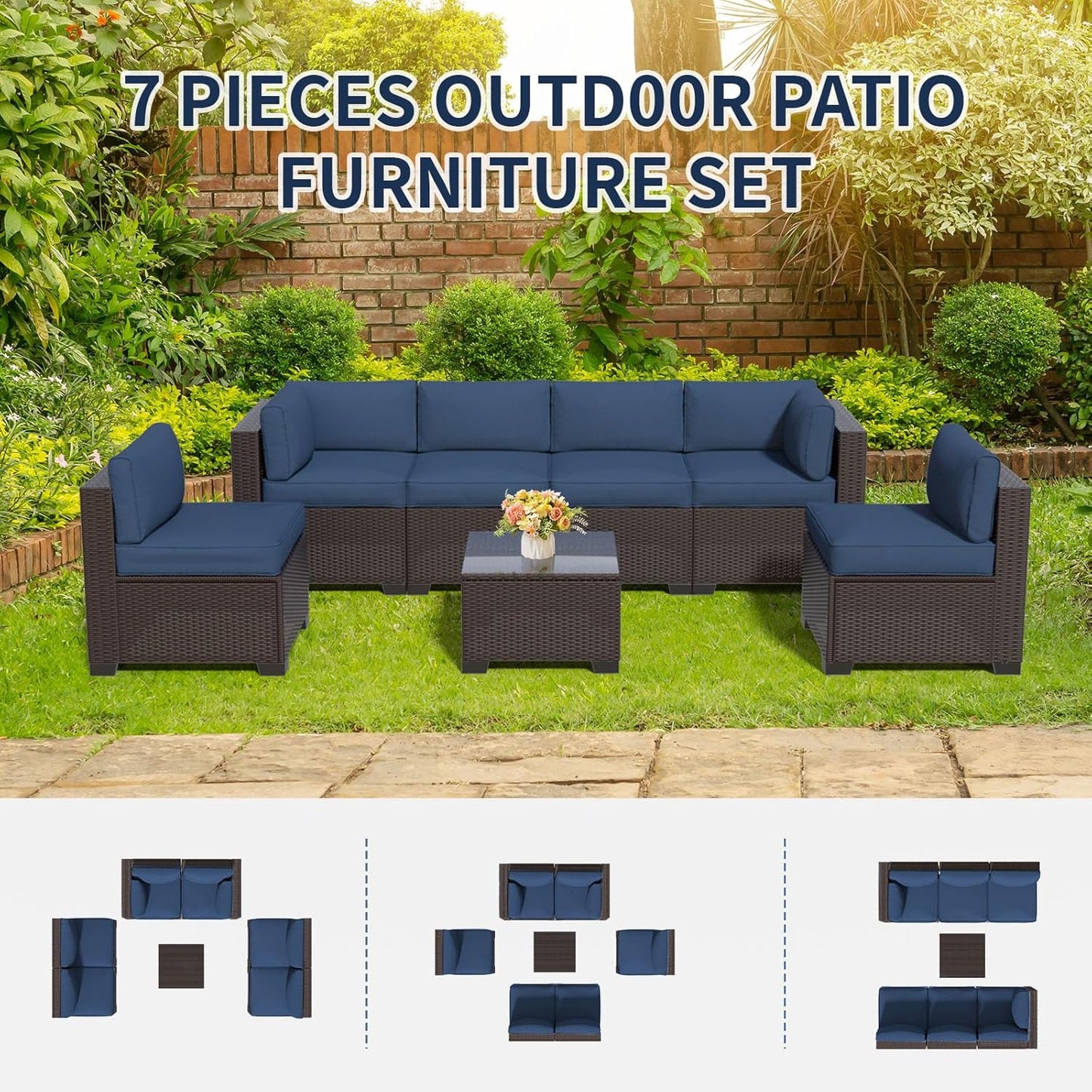 7 Pieces Outdoor Patio Furniture Set, Rattan Sectional Sofa, Conversation Set with Waterproof Cushion and Coffee Table, for Deck, Backyard, Garden (Navy Blue, 7-Piece)