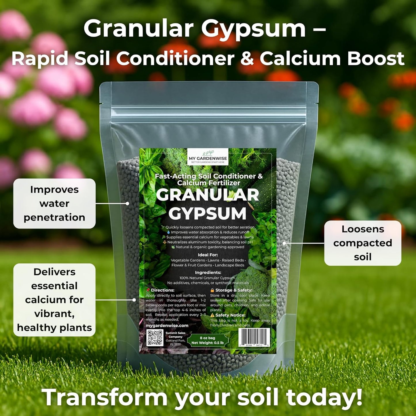 Gypsum for Soil - Calcium for Plants - Gypsum Fertilizer for Gardening, Lawn & Vegetables - Calcium for Garden (8 oz - 0.5 lb.)