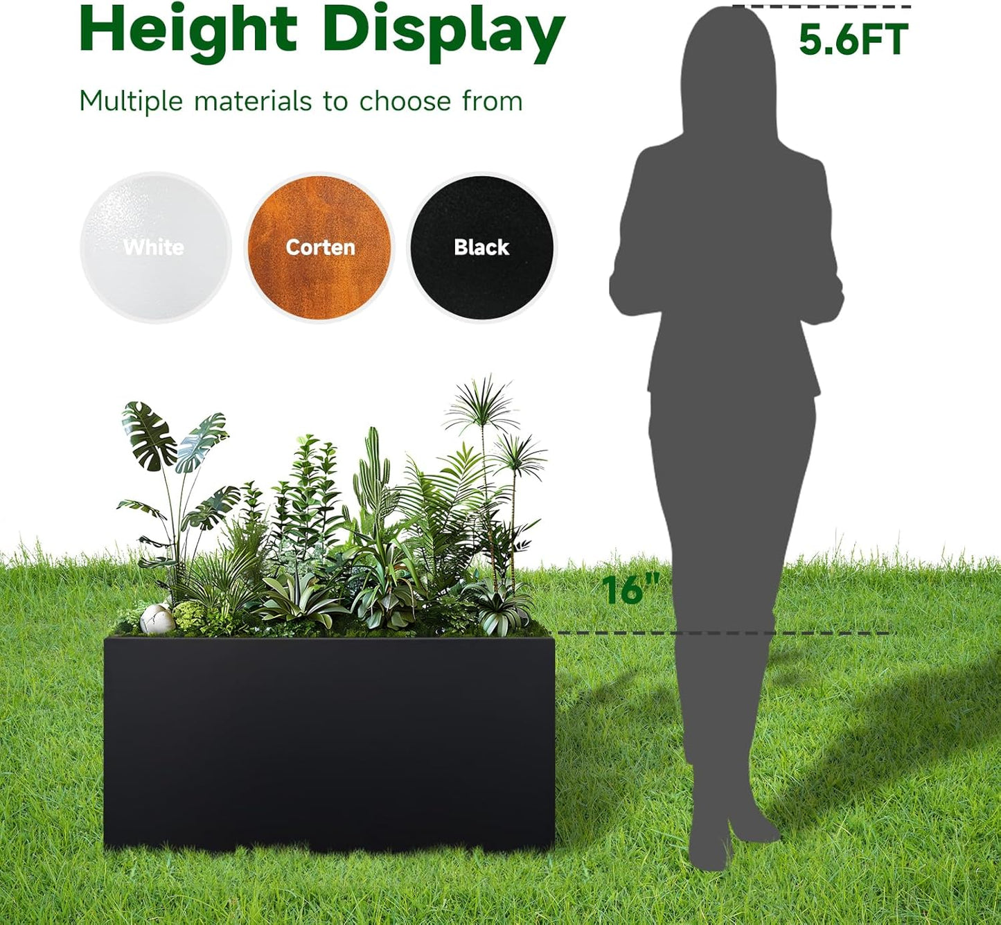 Galvanized Steel Planter Black Metal Outdoor Planter Powder Coated 32" x 12" x 16" Pot Metallic Heavy Pot Indoor & Outdoor, Commercial & Residential (L32 x W12 x D16, Black)