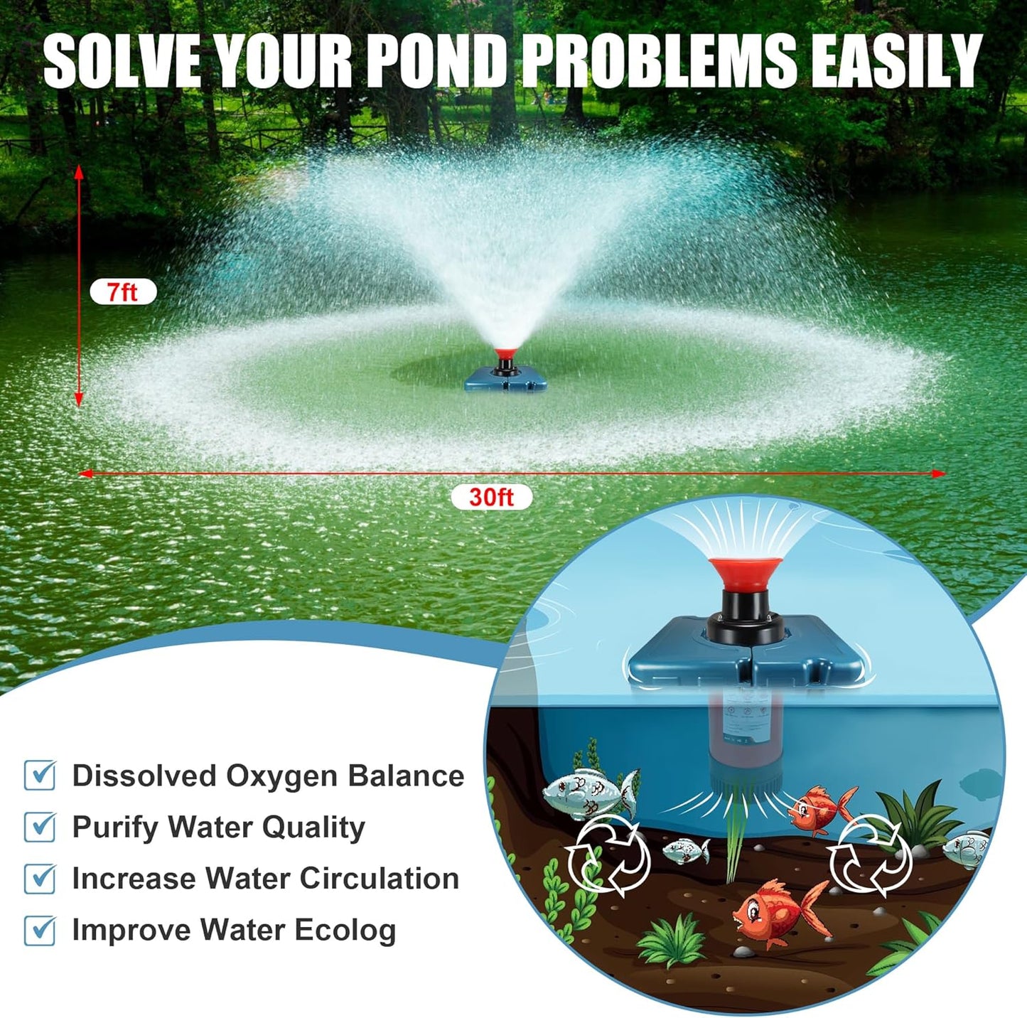 Goldlife Pond Fountain Aerator, F1-4 1HP 750W 110V PowerfuI Floating Pond Fountain Pump With 100 FT Power Cord, Outdoor Pond Aerating Fountains Cascade Pump for Small Large Ponds Lake Pond Jet System