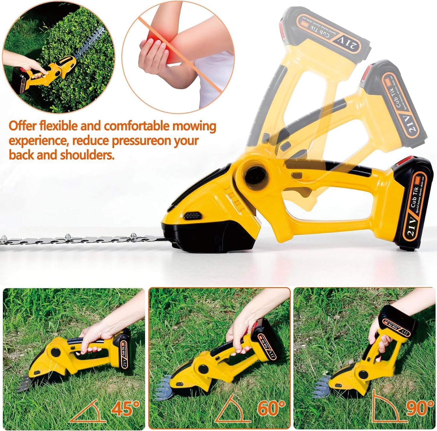 Hedge Trimmer Cordless with Battery and Charger 21V Electric Brush Grass Shrub Trimmer 2 in 1 Handheld Mini Grass Shears Grass Cutter Battery Powered Hedge Trimmer Yellow
