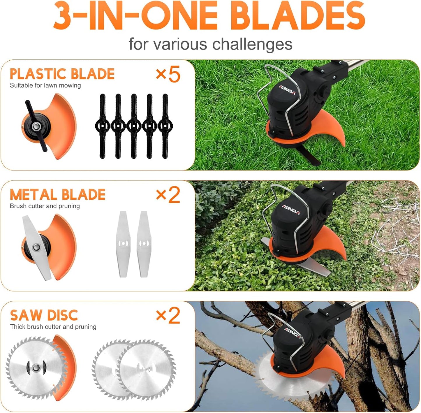21V Electric Weed Wacker, Cordless Grass Trimmer with 2 Batteries & Charger, 3 in 1 Stringless Brush Cutter/Weed Eater/Edger/Lawn Mower with 3 Types Blade & Wheels for Garden and Yard Lawn