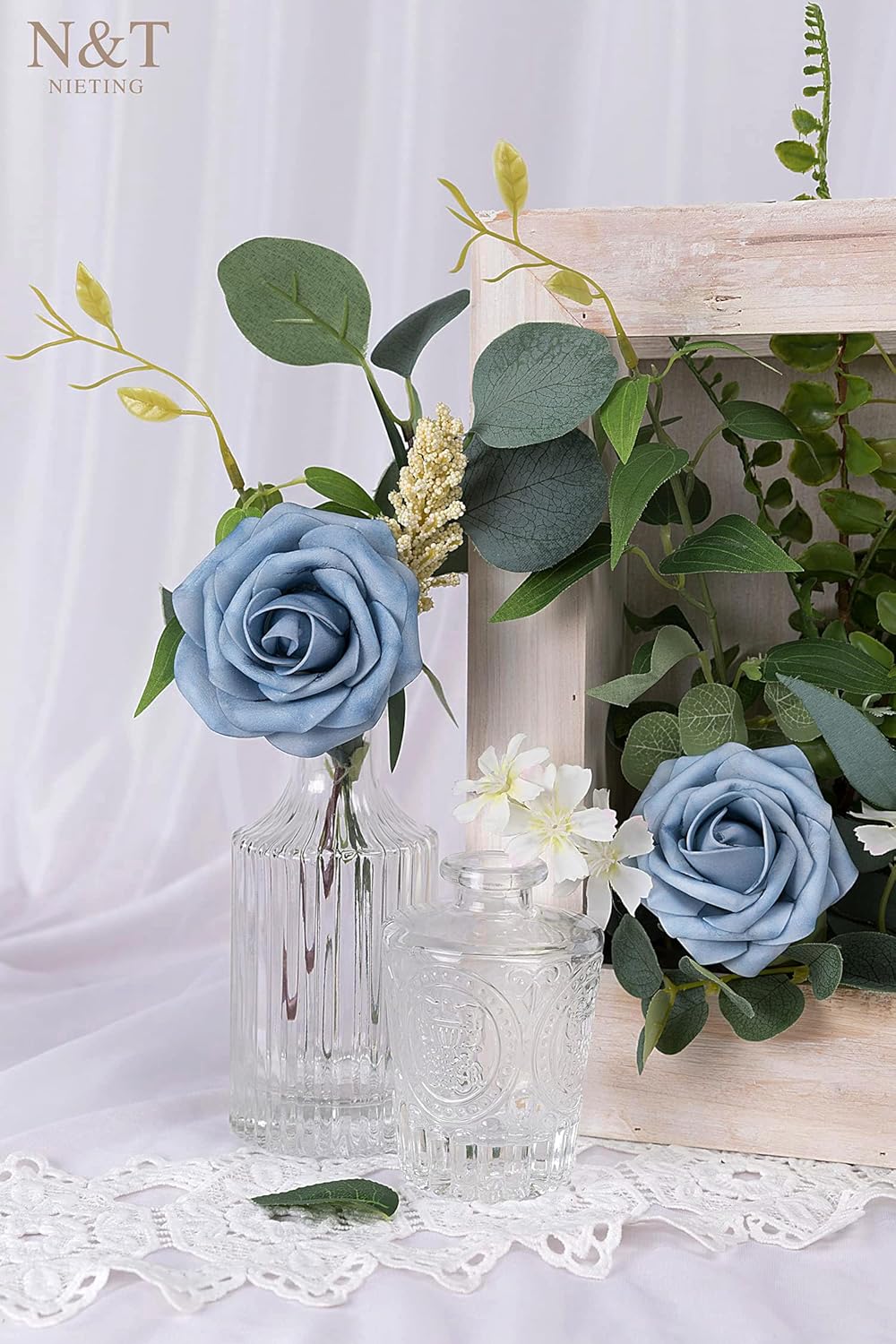 N&T NIETING Artificial Flowers, 50pcs Foam Roses Fake Flowers DIY Wedding Party Cake Decoration, Home Display, Dusty Blue Gray