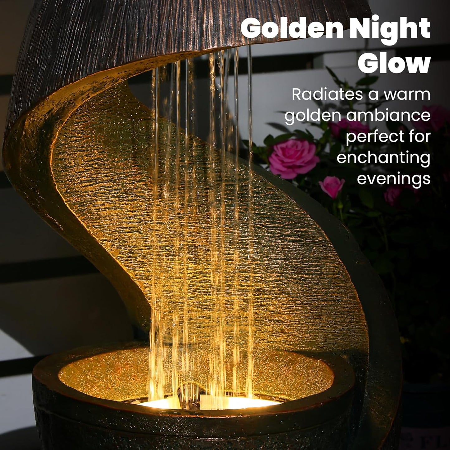 31.9" S-Shaped Water Outdoor Fountain–Modern Cascading Waterfall Feature with LED Lights & Planter Bowl, Garden Fountains Outdoor for Patio, Balcony, Yard or Home Decor, Resin Waterfall, Gold