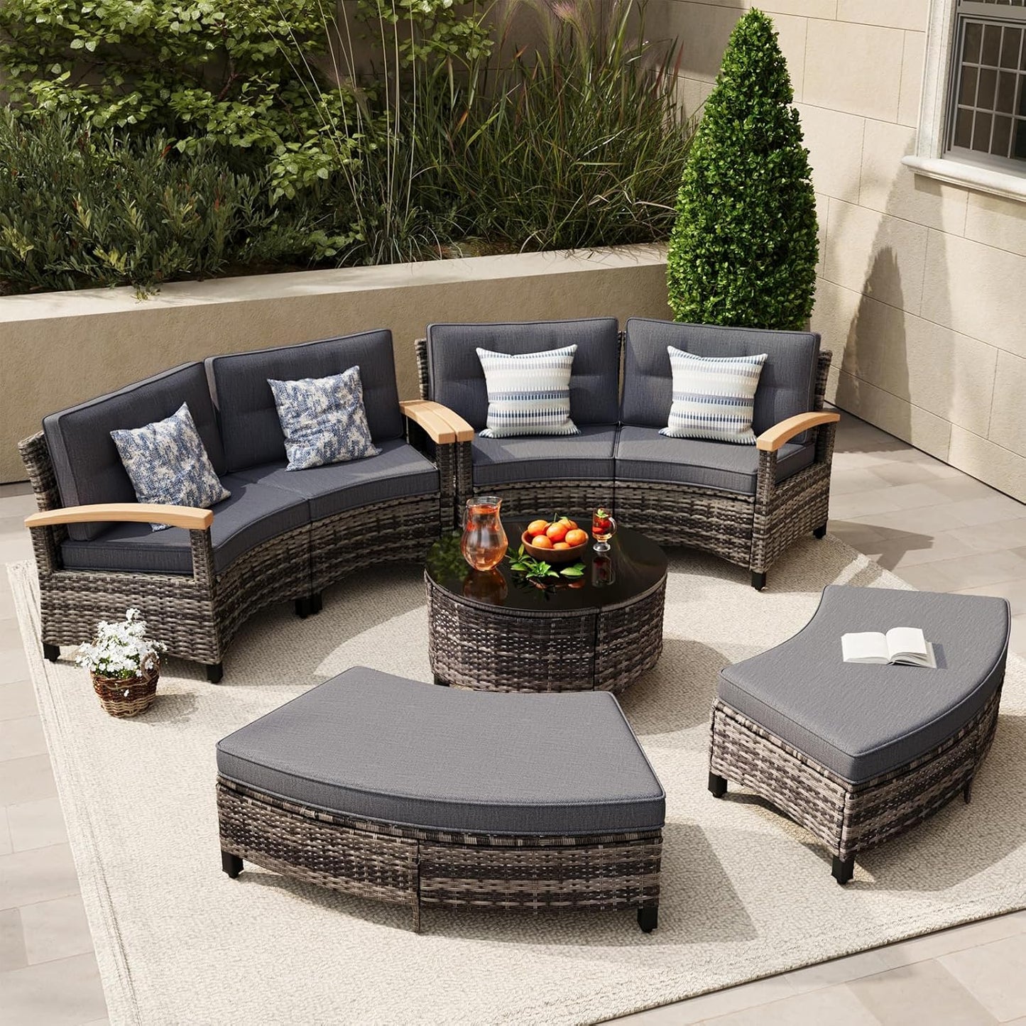 8 Piece Outdoor Patio Furniture Set, Half-Moon Curved Sectional Set with Wood Armrests, 2 Half-Moon Ottomans, Round Table (Grey)