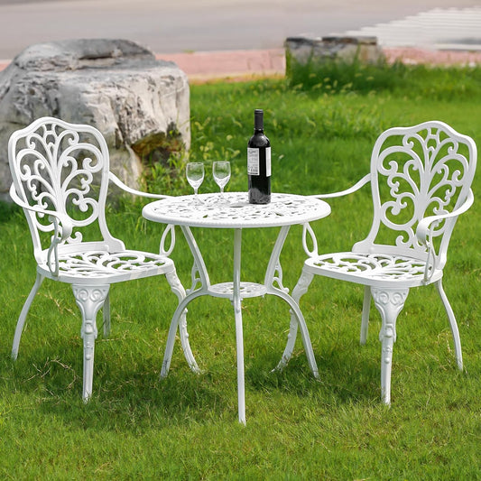 3 Piece Patio Bistro Set,Cast Aluminum Bistro Table Set Outdoor Round Dining Table with Umbrella Hole for Porch, Lawn, Garden, Backyard, Pool (White)