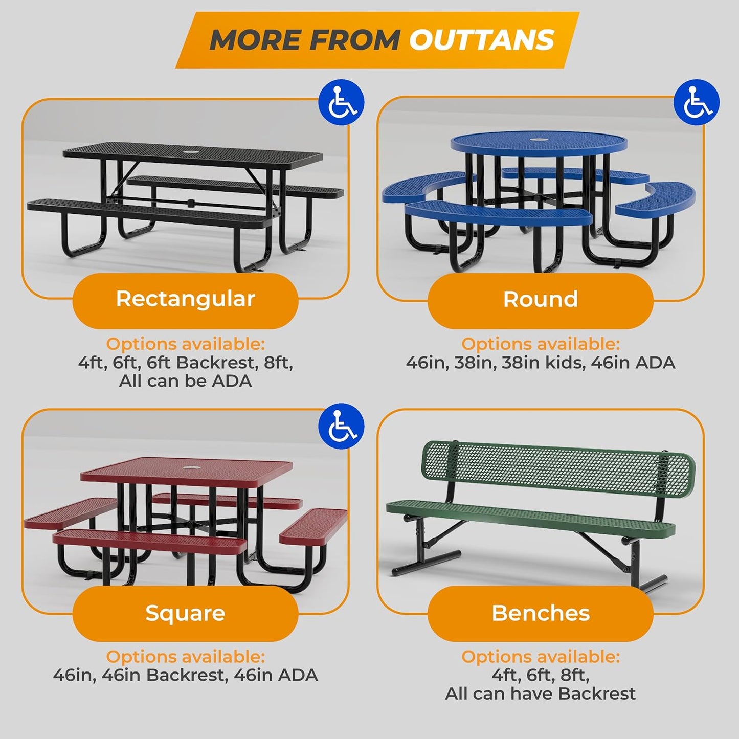 Heavy-Duty Outdoor Metal Bench, Thermoplastic-Coated, Portable, Weatherproof, Commercial-Grade for Parks, Gardens, Patios, Stores & More (8 Ft - Portable with Back, Green)