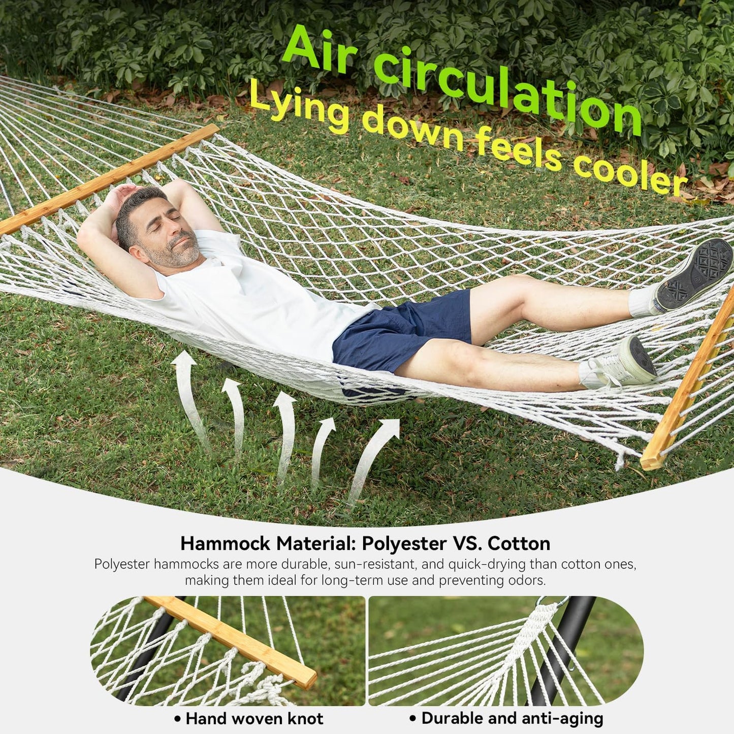 Double Hammock for 2 Person, Handwoven Cotton Rope Hammock with Spreader Bar Without Stand - Indoor & Outdoor Use for Patio, Poolside, Backyard (White)