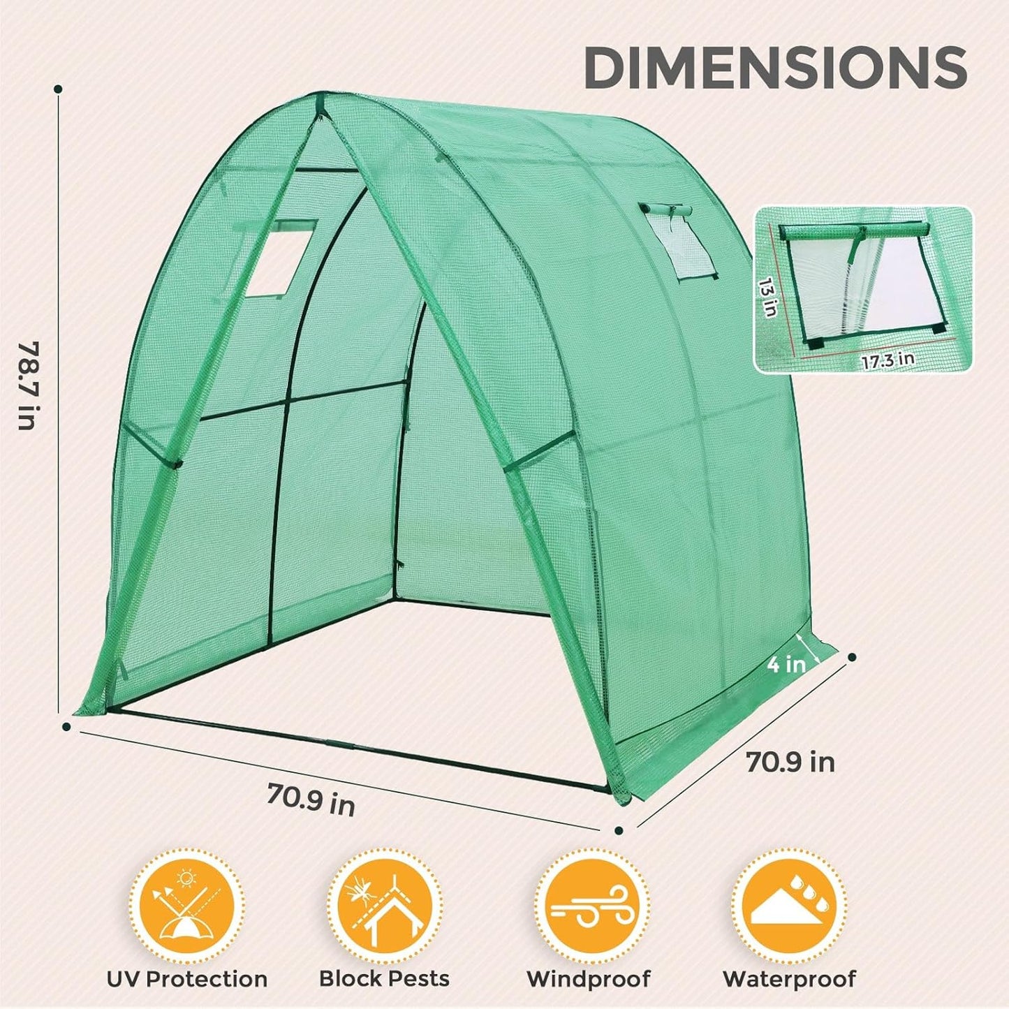 EAGLE PEAK Tunnel Greenhouse Garden Green House with Zippered Door and 2 Roll-up Side Windows, 70.9"x70.9"x78.7", Clear/Green
