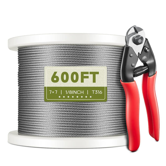 600FT 1/8" T316 Stainless Steel Cable, Wire Rope Aircraft Cable for Deck Cable Railing Kit and DIY Balustrades, 7x7 Strands Construction, Comes with a Cutter
