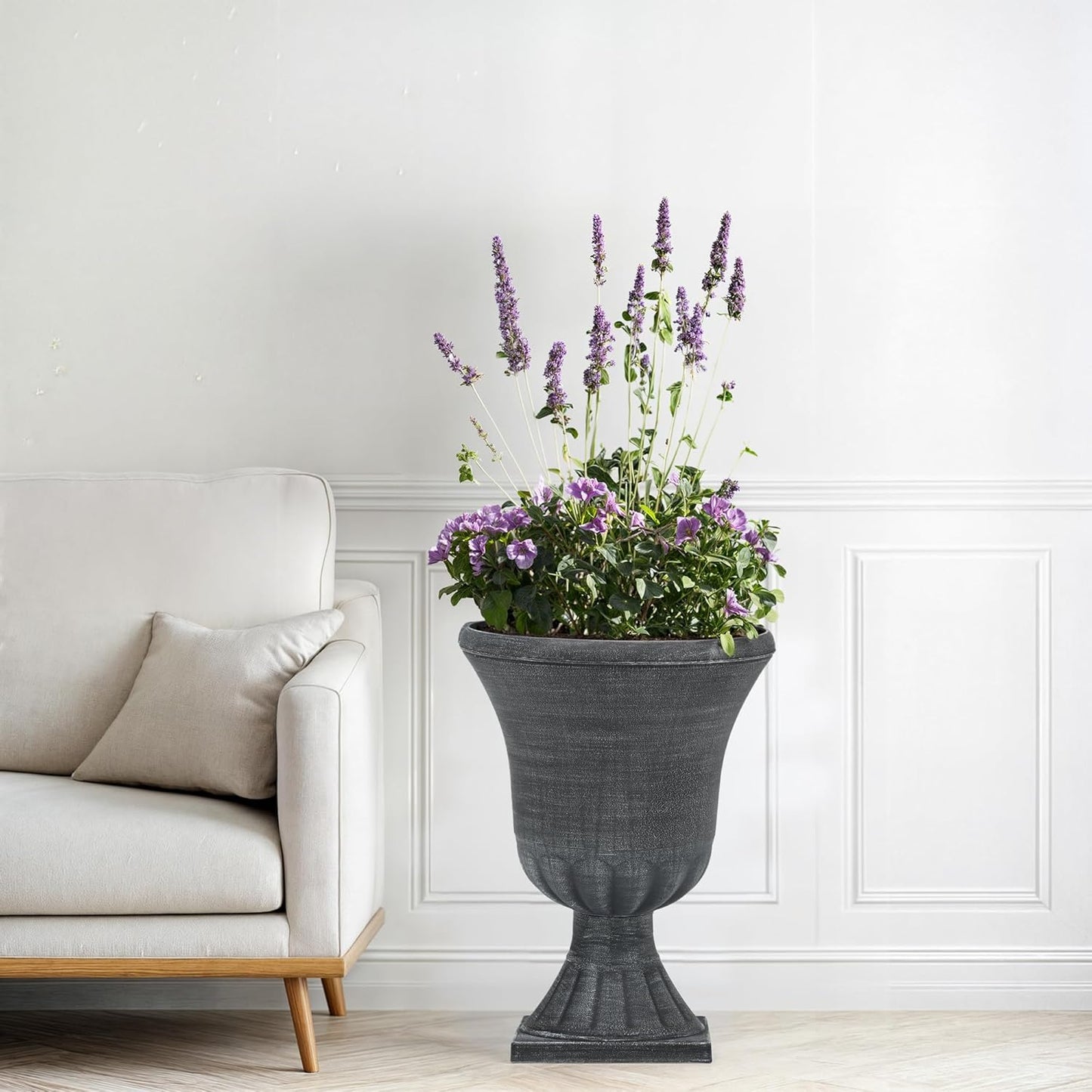 22" Large Urn Planters (Set of 2), Handmade Washed Black Plastic Flower Pots, Weatherproof for Porch, Garden, Patio or Home Décor