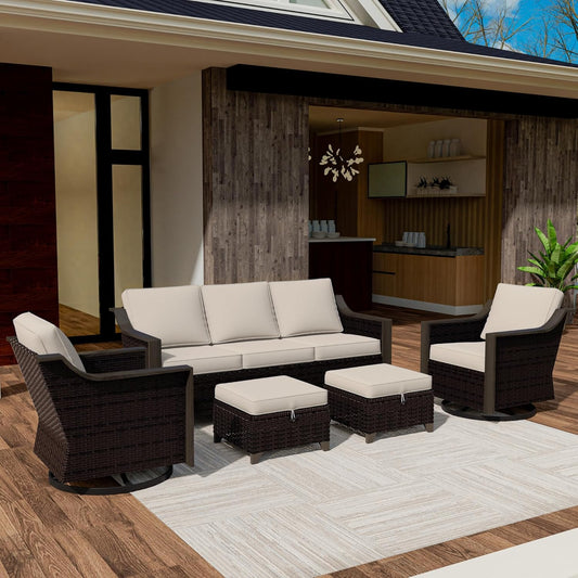 5 Piece Wicker Patio Conversation Set, All-Weather Use Outdoor 2 PE Rattan Swivel Chair, 2 Ottoman, 1 Patio Sofa, Removable Water-Resistant Cushion, Ideal for Porch, Backyard, Balcony, Poolside, Beige