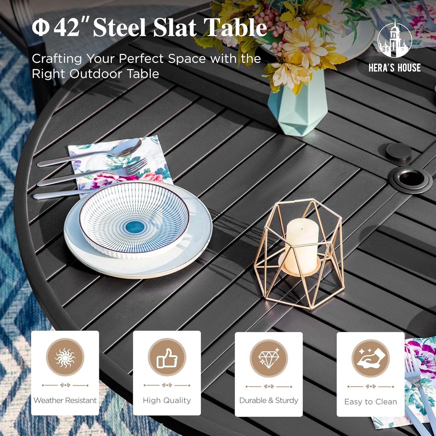 HERA'S HOUSE 5 Pieces Patio Dining Set, 4 x Blue Textilene Dining Chair, 42" Metal Round Dining Table, Patio Table and Chairs Set for Lawn Garden Backyard Deck