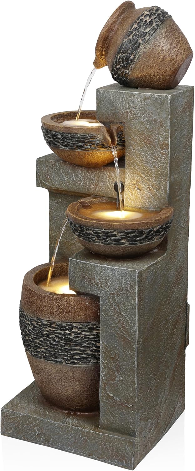 Alpine Corporation TVH244 39" Outdoor 4-Tier Cascading Pots Water Fountain with LED Lights – Freestanding Garden Water Feature for Patios, Yards, and Landscaping, Gray