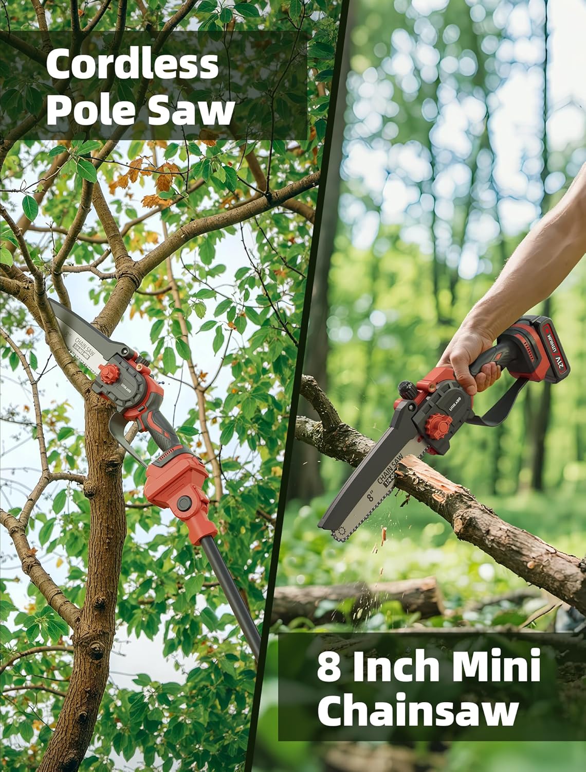 2-IN-1 Cordless Pole Saw & Mini Chainsaw, 8-inch Electric Saw Brushless, 2 Pack Battery Powered Pole Saws, 15-Foot MAX, Chain Saw with Extension Pole for Tree Trimming Wood Cutting