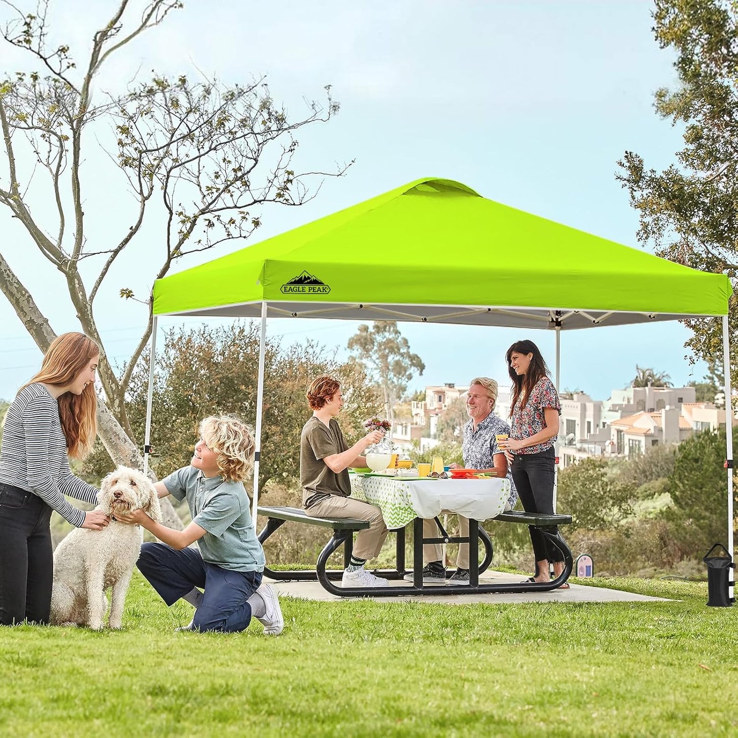 EAGLE PEAK Pop Up Canopy Tent with Wheeled Carry Bag, 8 Stakes, 4 Ropes, 4 Weight Bags, Easy Set Up Tent Canopy, 10x10 ft, 100sqft of Shade, Neon Green