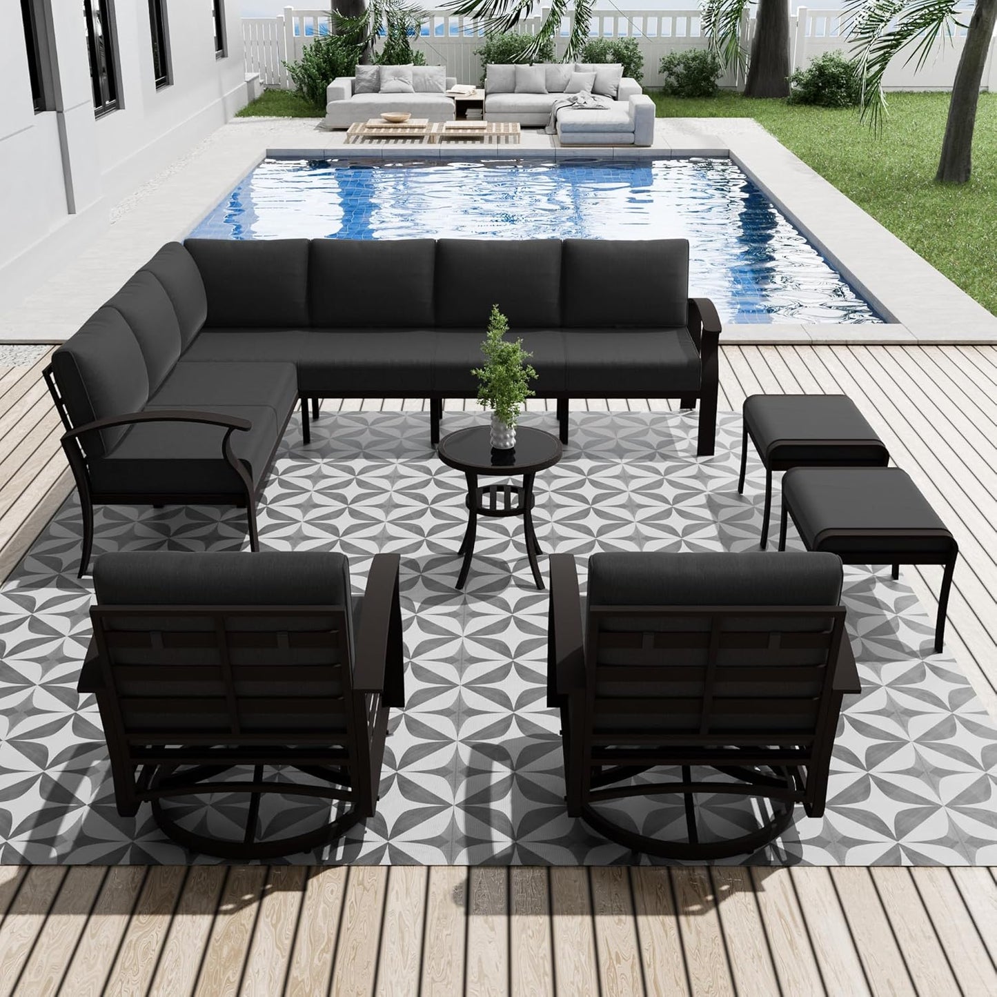 Aluminum Patio Furniture Set, 10 Seats Outdoor Patio Conversation Set with Swivel Chair Modern Metal Patio Sectional Sofa with Coffee Table for Patio, Backyard(Dark Grey).
