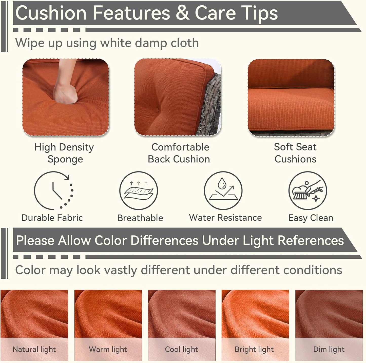 5 Pieces Patio Conversation Set, Wicker Chairs Set of 2 and Two Ottomans with 3.5-inch Seat Cushions, 1 Side Table High Back and Curved Armrest for Backyard, Balcony and Deck, Orange