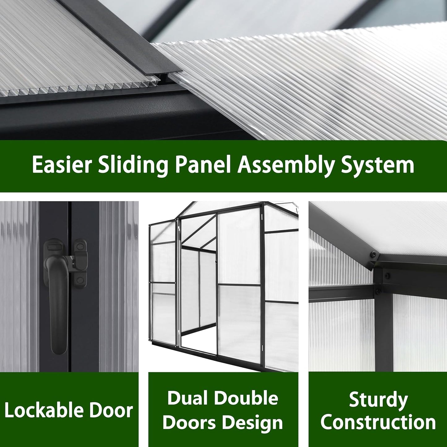 8x8 FT Outdoor Greenhouse Kit, Polycarbonate Aluminum Walk-in Greenhouse with Adjustable Roof Vent and Lockable Door, Backyard Garden in Winter, Gray