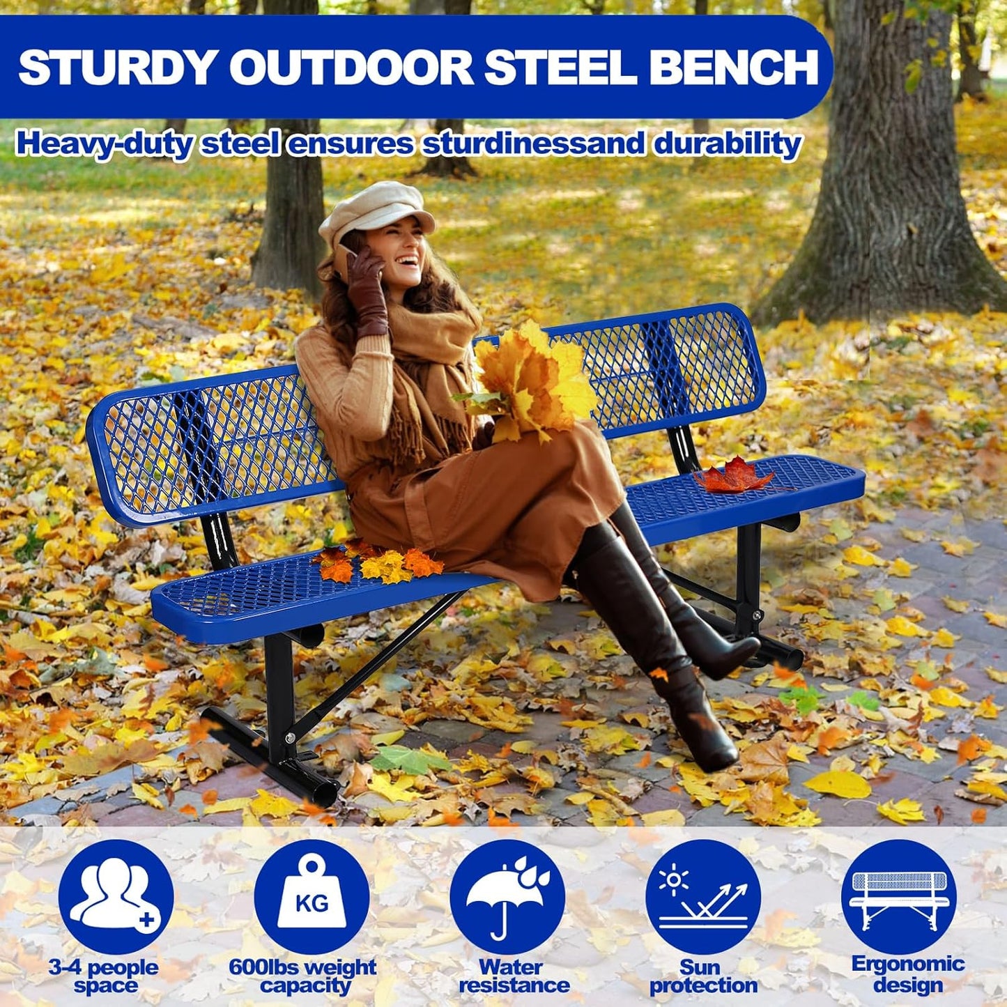 Heavy Duty Park Bench with Back Portable Frame, Outdoor Metal Park Bench with Backrest, Steel Mesh Outdoor Bench for Garden, Lawn, Patio, Porch, Park, Yard (Blue, 72.4" L x 23.2" W x 32.5" H)