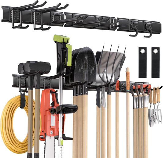 Garden Tool Organizer Wall Mount, 48 inches Tool Storage Rack with Adjustable Hooks, 600lbs Adjustable Heavy Duty Metal Hooks, Yard Shed Rack Holder System Hanging Rake Broom Mop, Father's day gifts